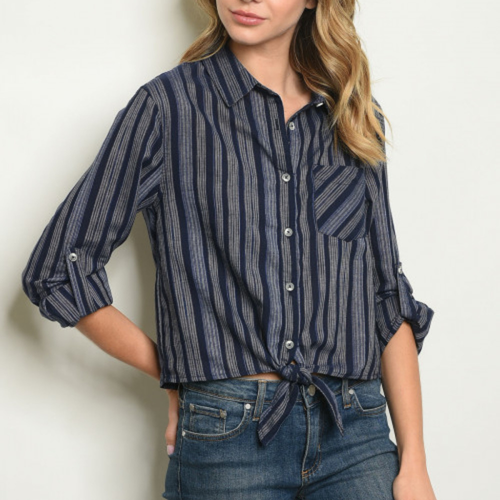 BLUE AND WHITE, BUTTON DOWN, FRONT-TIE SHIRT